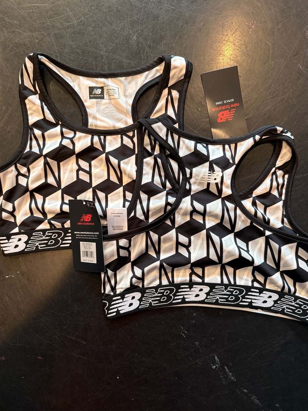 Two New Balance Sports Bra Size M White Multi Geometric Print Youth